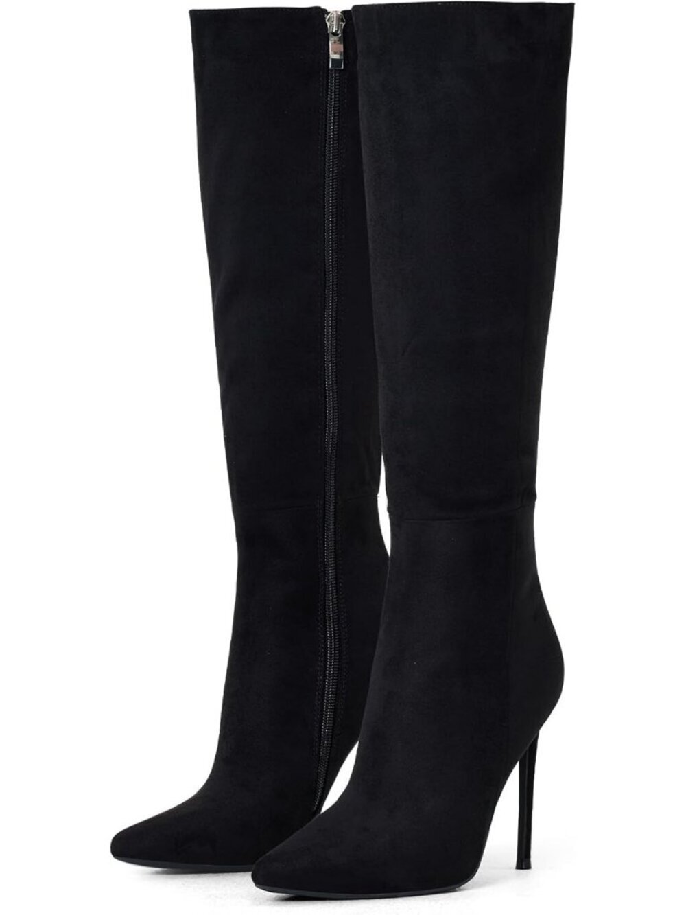 Women's 4 inch Knee High Long Boots Stiletto Pointed Toe Heeled Boot Black Suede